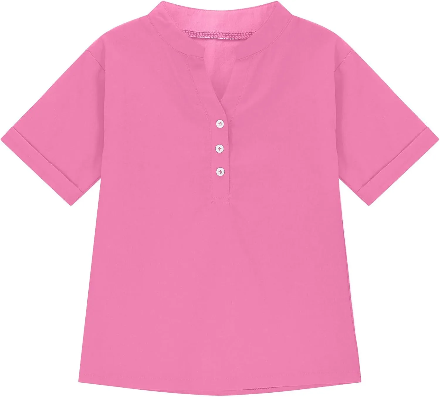 5-15T Baby Girls Linen Shirts Fashion Solid Color Short Sleeves V-Neck T-Shirts Soft Comfy Summer Blouse Tops