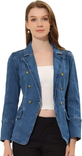 Allegra K Women's Jean Jacket Button Down Notched Lapel Long Sleeve Work Office Denim Blazer Jacket