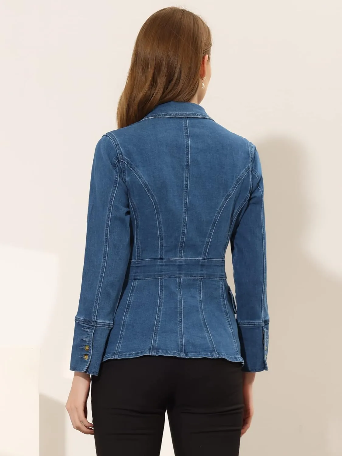 Allegra K Women's Jean Jacket Button Down Notched Lapel Long Sleeve Work Office Denim Blazer Jacket