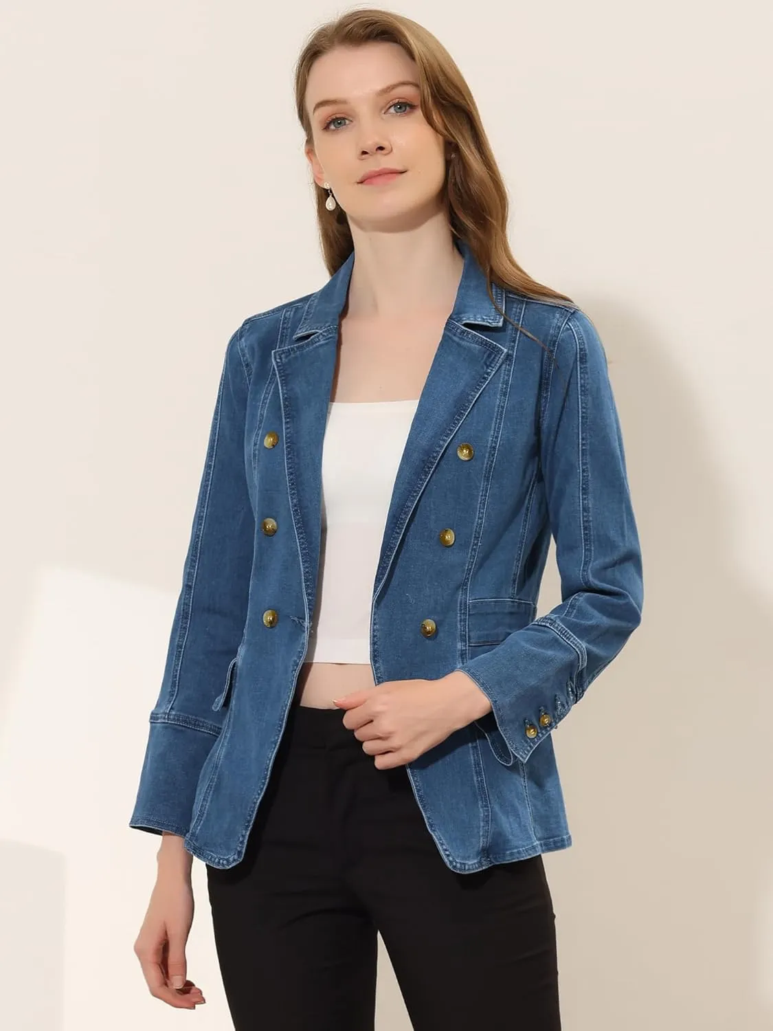 Allegra K Women's Jean Jacket Button Down Notched Lapel Long Sleeve Work Office Denim Blazer Jacket