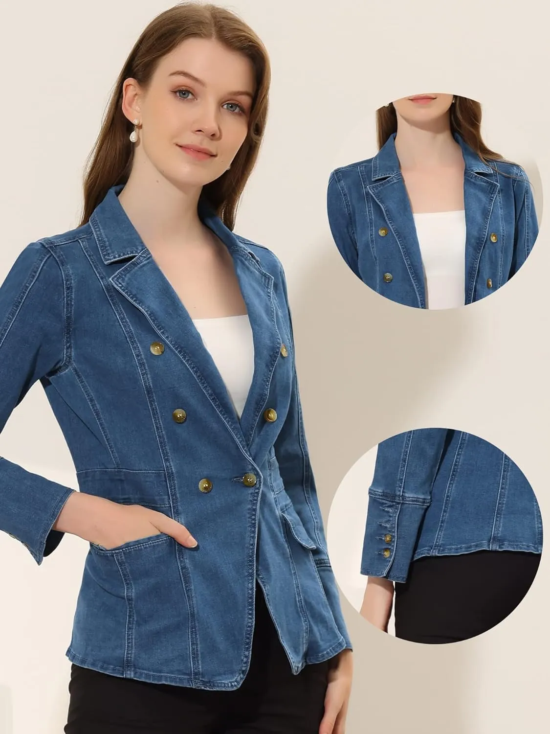 Allegra K Women's Jean Jacket Button Down Notched Lapel Long Sleeve Work Office Denim Blazer Jacket