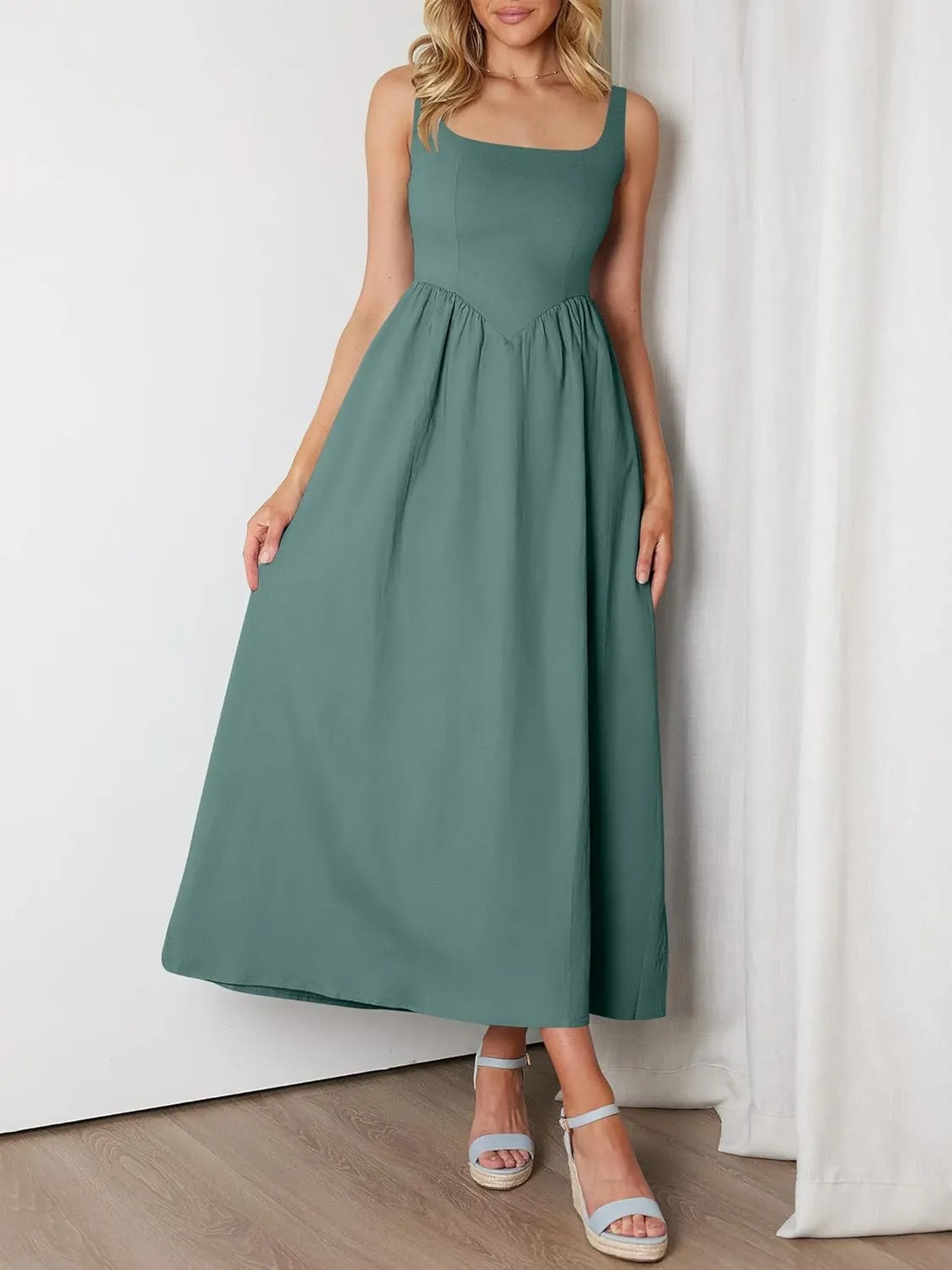 ANRABESS Sundresses for Women 2025 Summer Casual Sleeveless Square Neck Smocked Flowy Beach Vacation Midi Dress with Pockets