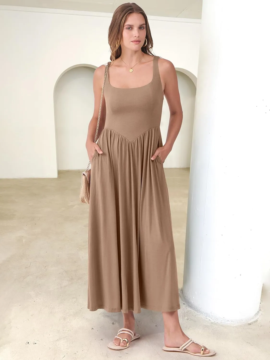 ANRABESS Sundresses for Women 2025 Summer Casual Sleeveless Square Neck Smocked Flowy Beach Vacation Midi Dress with Pockets