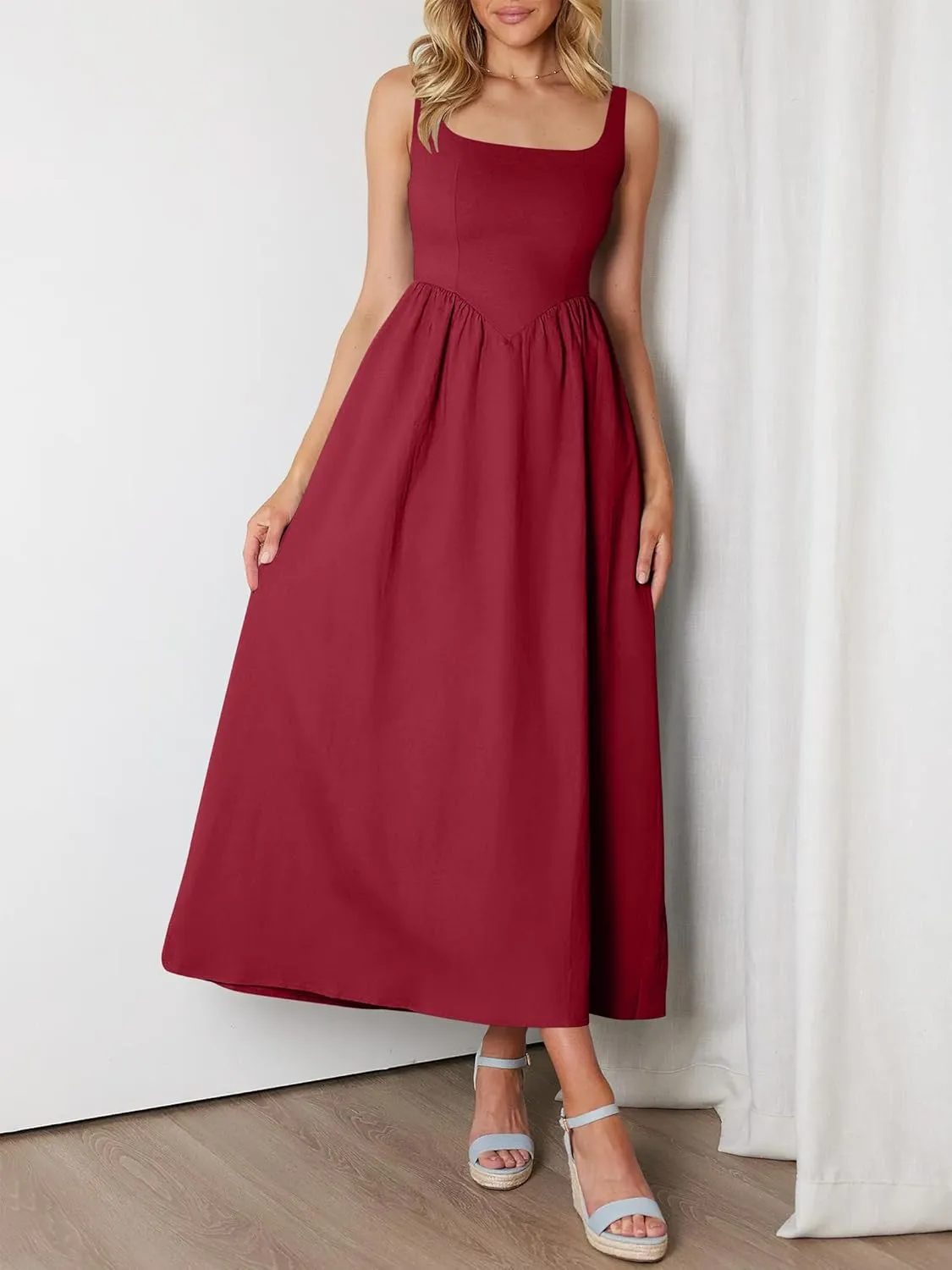 ANRABESS Sundresses for Women 2025 Summer Casual Sleeveless Square Neck Smocked Flowy Beach Vacation Midi Dress with Pockets
