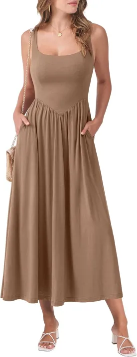 ANRABESS Sundresses for Women 2025 Summer Casual Sleeveless Square Neck Smocked Flowy Beach Vacation Midi Dress with Pockets