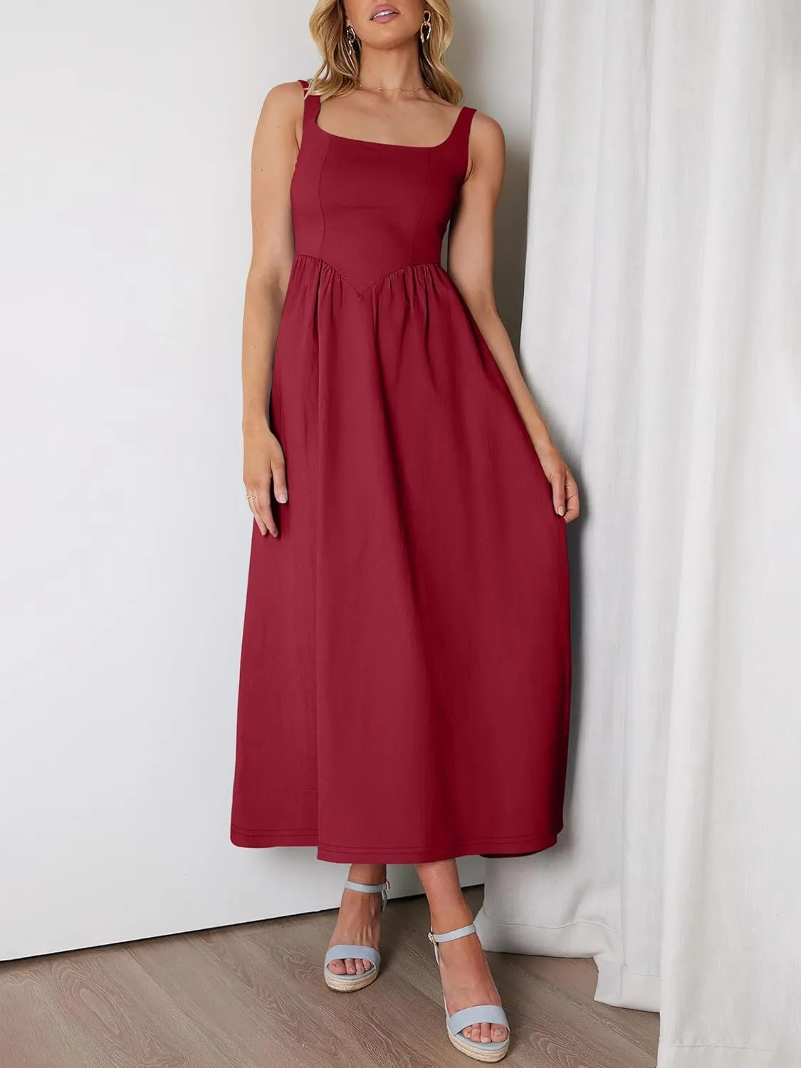ANRABESS Sundresses for Women 2025 Summer Casual Sleeveless Square Neck Smocked Flowy Beach Vacation Midi Dress with Pockets