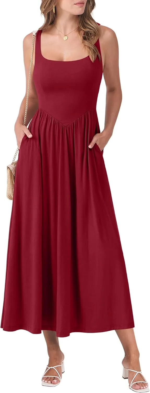 ANRABESS Sundresses for Women 2025 Summer Casual Sleeveless Square Neck Smocked Flowy Beach Vacation Midi Dress with Pockets