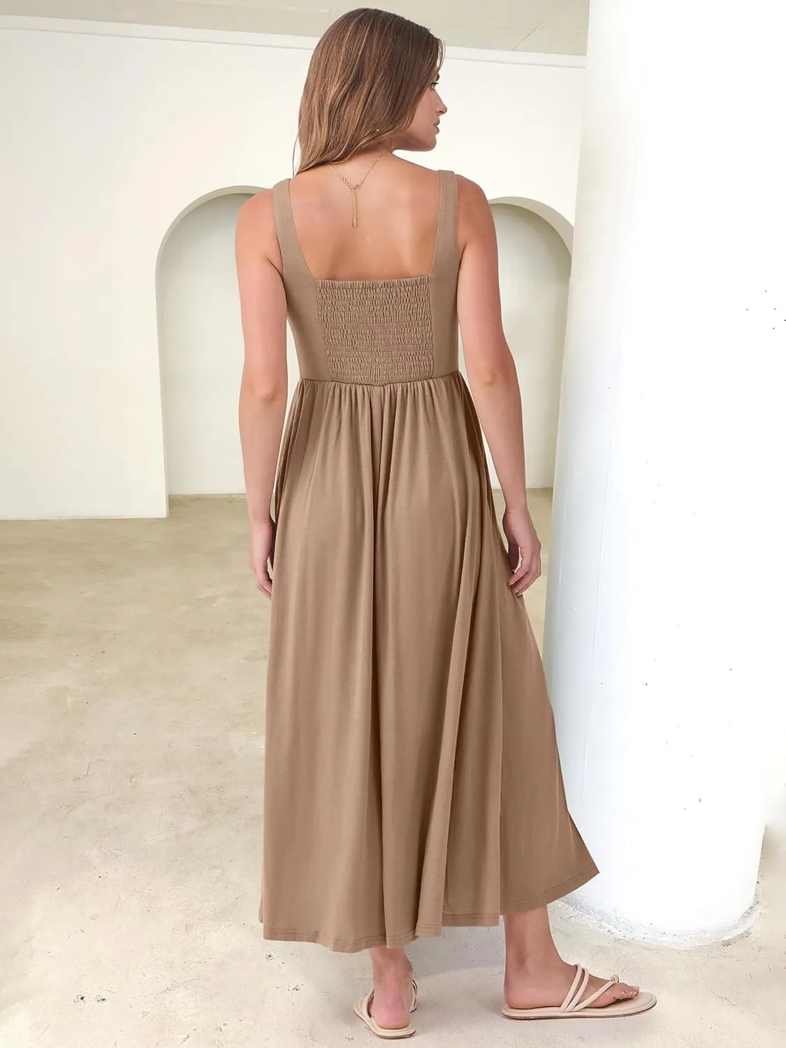 ANRABESS Sundresses for Women 2025 Summer Casual Sleeveless Square Neck Smocked Flowy Beach Vacation Midi Dress with Pockets