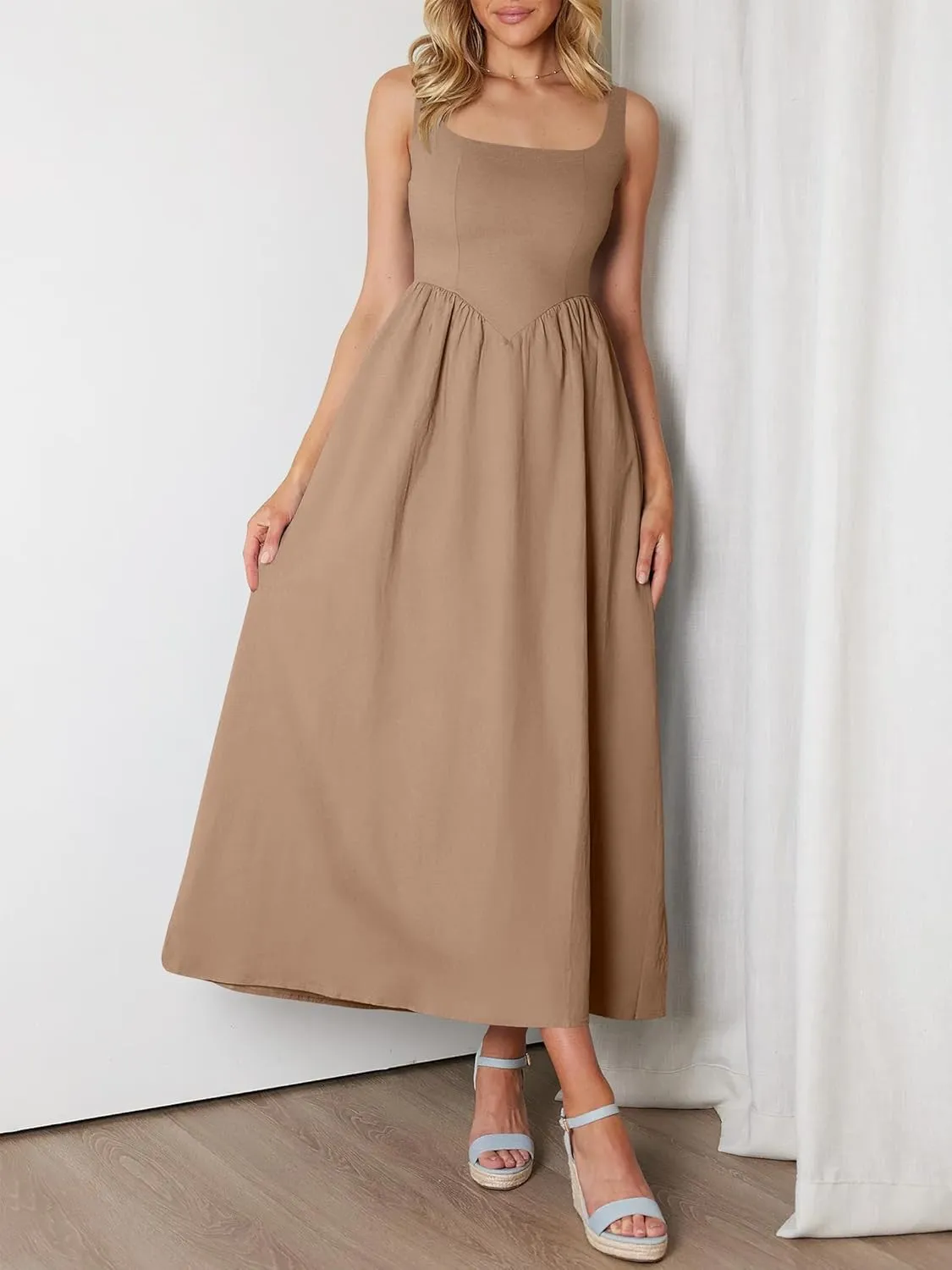 ANRABESS Sundresses for Women 2025 Summer Casual Sleeveless Square Neck Smocked Flowy Beach Vacation Midi Dress with Pockets