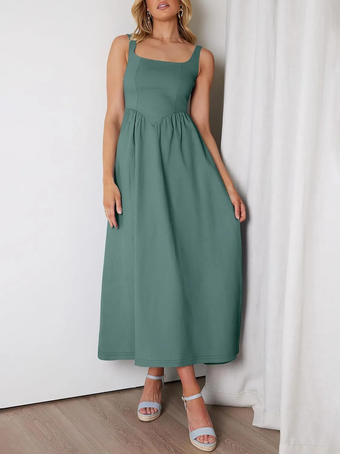 ANRABESS Sundresses for Women 2025 Summer Casual Sleeveless Square Neck Smocked Flowy Beach Vacation Midi Dress with Pockets