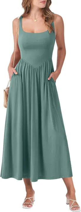 ANRABESS Sundresses for Women 2025 Summer Casual Sleeveless Square Neck Smocked Flowy Beach Vacation Midi Dress with Pockets