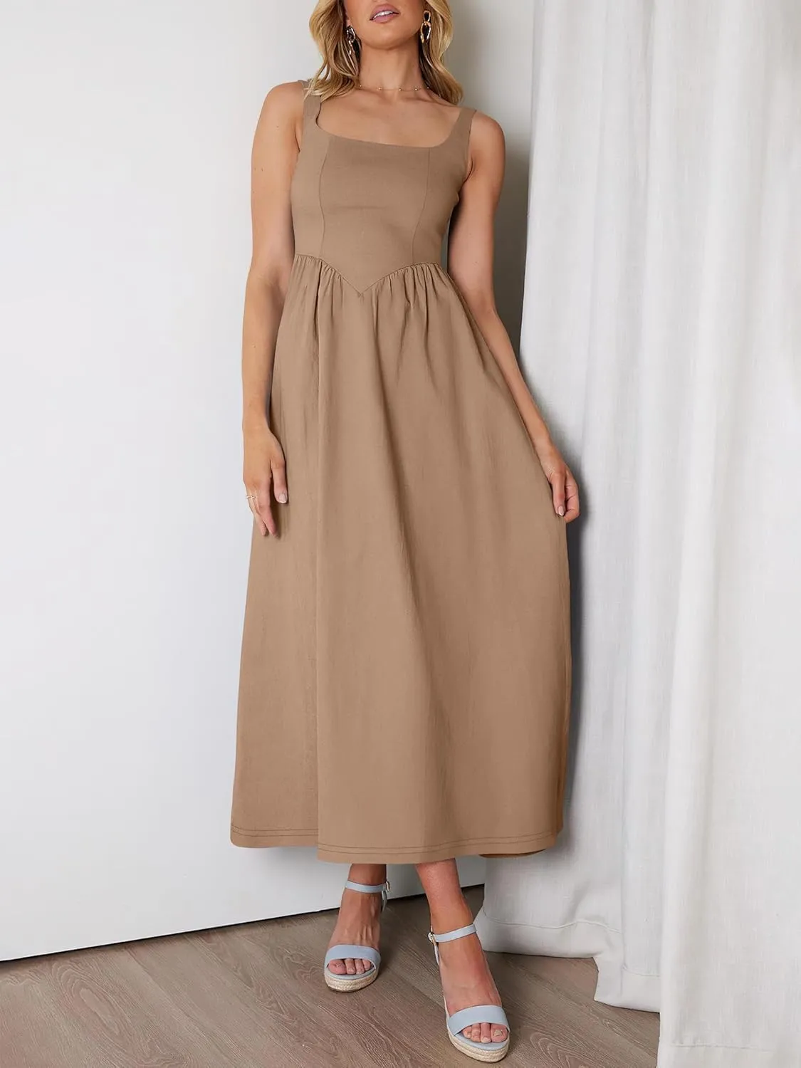ANRABESS Sundresses for Women 2025 Summer Casual Sleeveless Square Neck Smocked Flowy Beach Vacation Midi Dress with Pockets