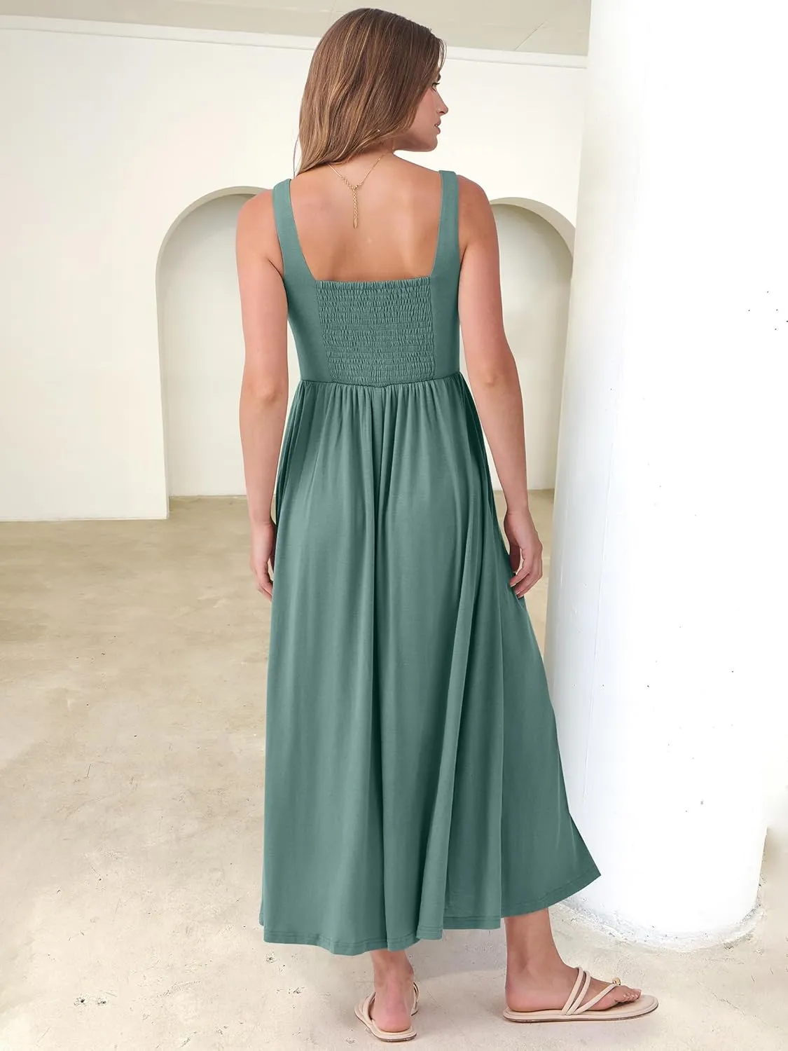 ANRABESS Sundresses for Women 2025 Summer Casual Sleeveless Square Neck Smocked Flowy Beach Vacation Midi Dress with Pockets
