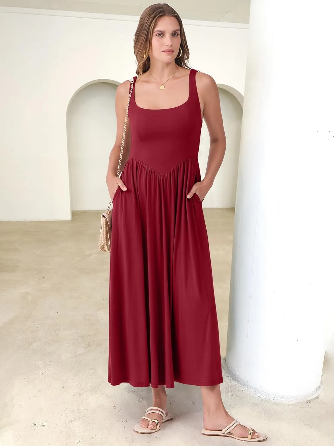 ANRABESS Sundresses for Women 2025 Summer Casual Sleeveless Square Neck Smocked Flowy Beach Vacation Midi Dress with Pockets