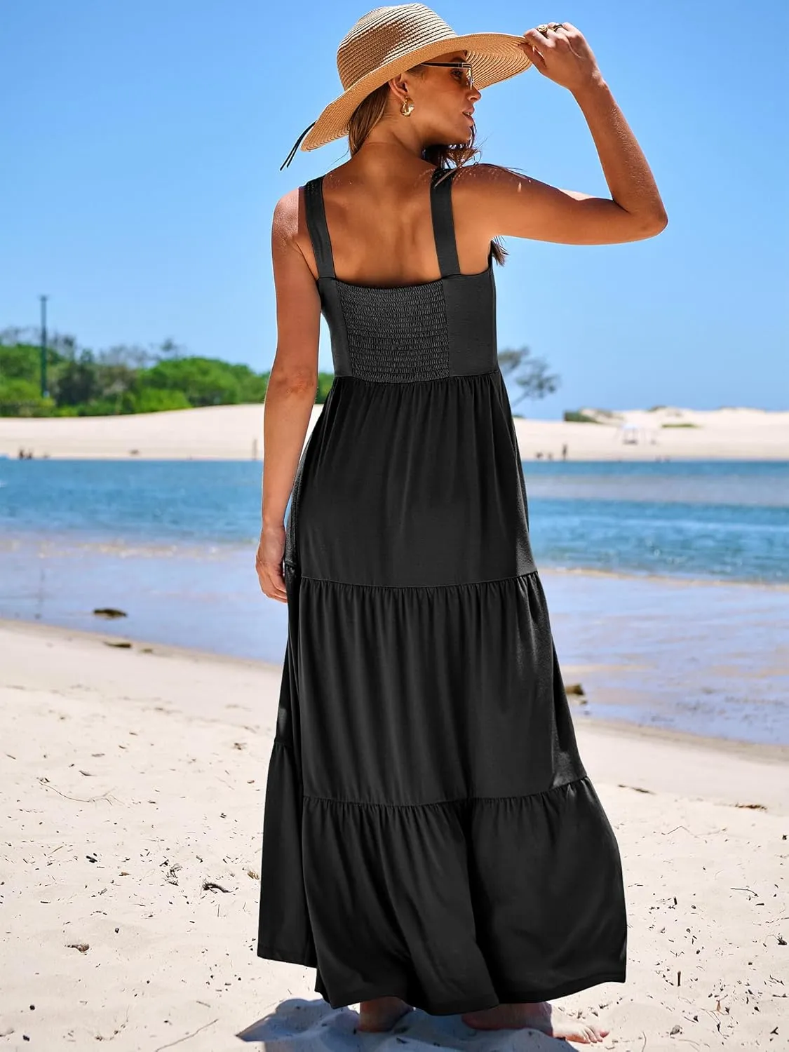 ANRABESS Women's Summer Casual Long Maxi Beach Vacation Dresses Sleeveless Square Neck Flowy Tiered Sun Dress with Pockets