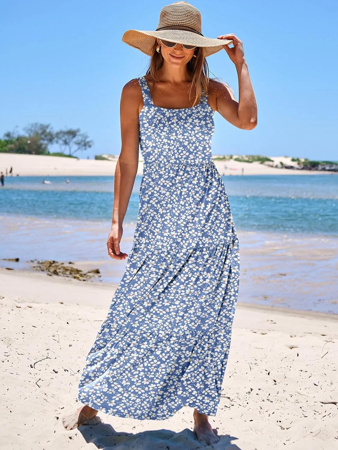 ANRABESS Women's Summer Casual Long Maxi Beach Vacation Dresses Sleeveless Square Neck Flowy Tiered Sun Dress with Pockets
