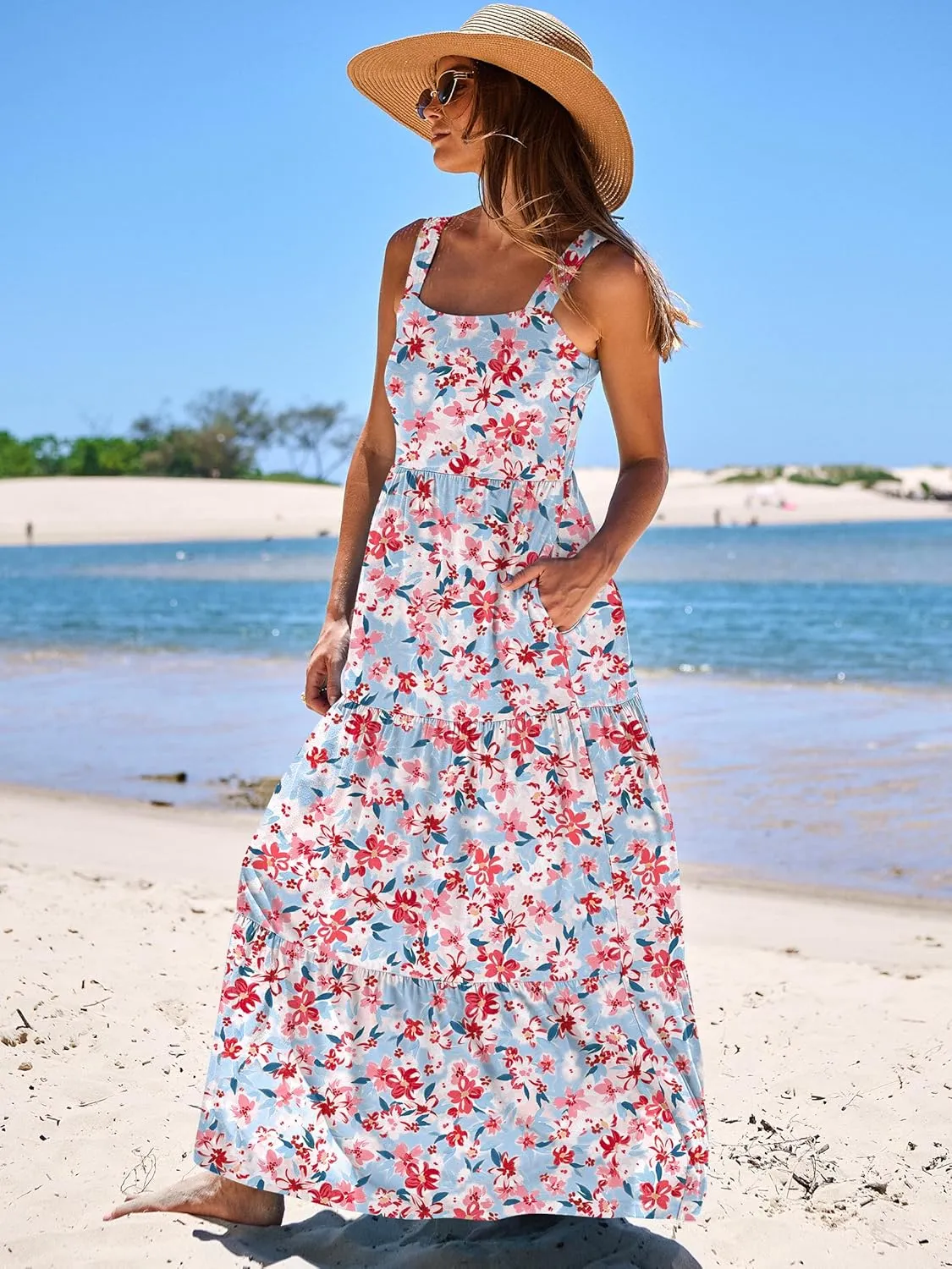 ANRABESS Women's Summer Casual Long Maxi Beach Vacation Dresses Sleeveless Square Neck Flowy Tiered Sun Dress with Pockets
