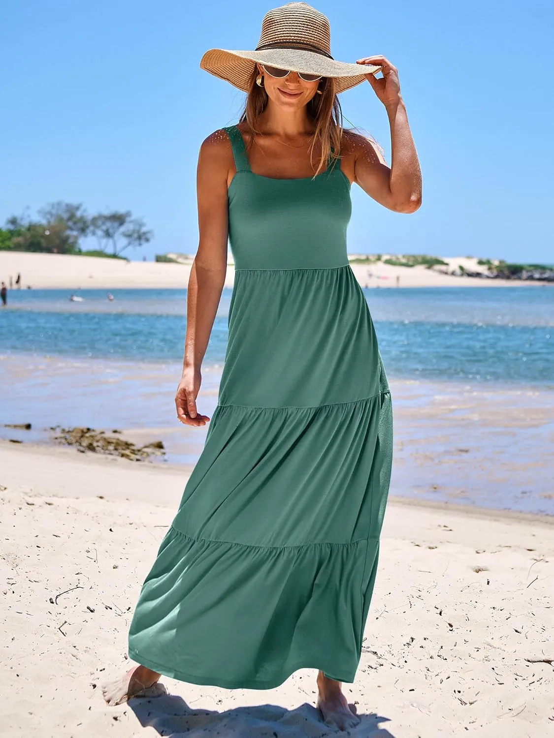ANRABESS Women's Summer Casual Long Maxi Beach Vacation Dresses Sleeveless Square Neck Flowy Tiered Sun Dress with Pockets