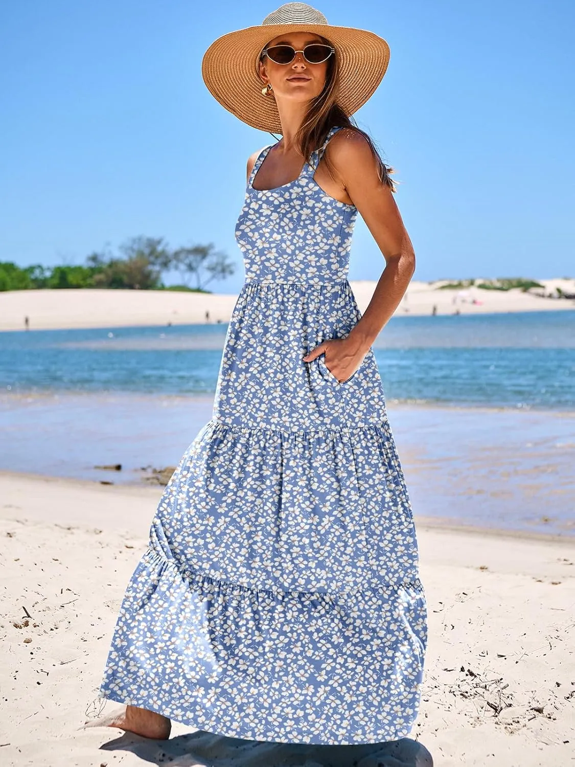ANRABESS Women's Summer Casual Long Maxi Beach Vacation Dresses Sleeveless Square Neck Flowy Tiered Sun Dress with Pockets