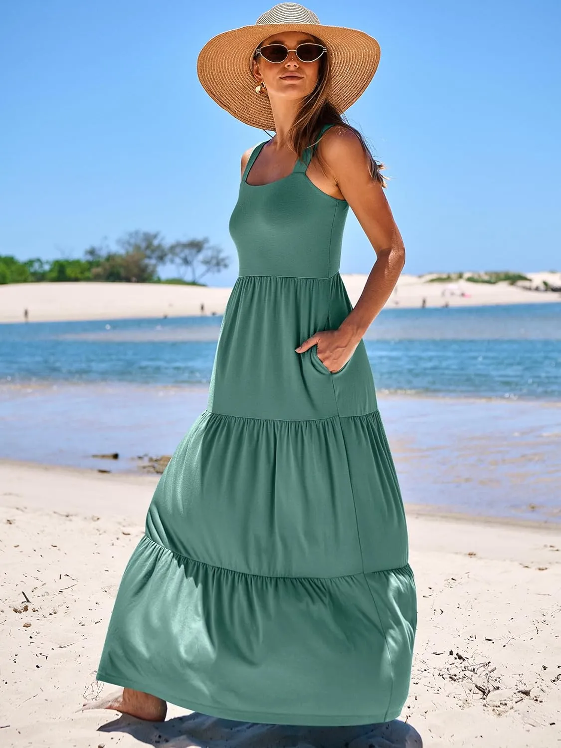 ANRABESS Women's Summer Casual Long Maxi Beach Vacation Dresses Sleeveless Square Neck Flowy Tiered Sun Dress with Pockets