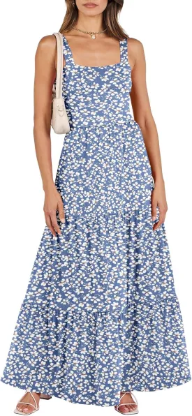 ANRABESS Women's Summer Casual Long Maxi Beach Vacation Dresses Sleeveless Square Neck Flowy Tiered Sun Dress with Pockets