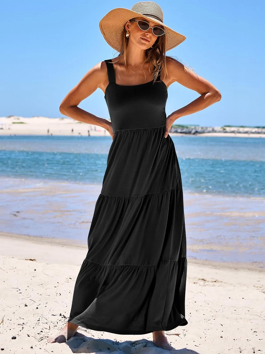ANRABESS Women's Summer Casual Long Maxi Beach Vacation Dresses Sleeveless Square Neck Flowy Tiered Sun Dress with Pockets