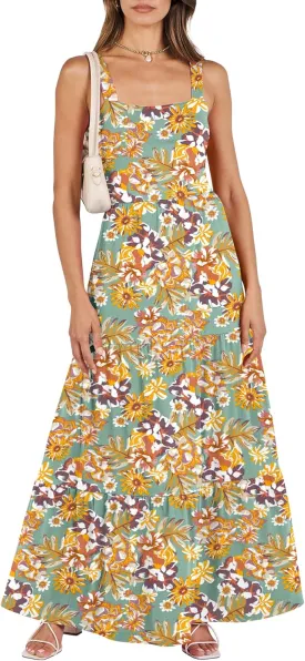 ANRABESS Women's Summer Casual Long Maxi Beach Vacation Dresses Sleeveless Square Neck Flowy Tiered Sun Dress with Pockets