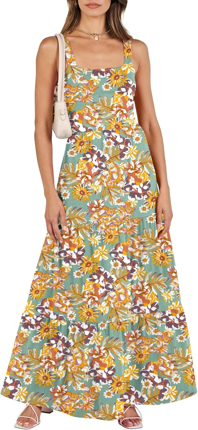 ANRABESS Women's Summer Casual Long Maxi Beach Vacation Dresses Sleeveless Square Neck Flowy Tiered Sun Dress with Pockets