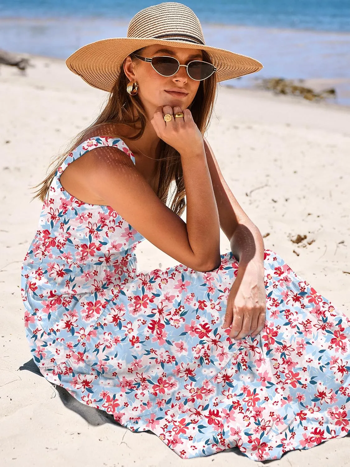 ANRABESS Women's Summer Casual Long Maxi Beach Vacation Dresses Sleeveless Square Neck Flowy Tiered Sun Dress with Pockets