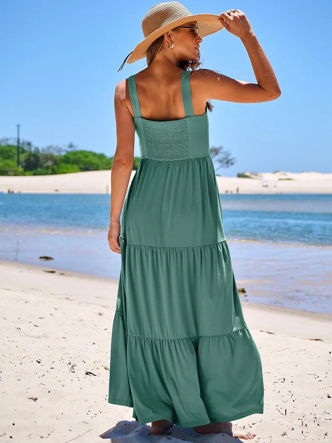 ANRABESS Women's Summer Casual Long Maxi Beach Vacation Dresses Sleeveless Square Neck Flowy Tiered Sun Dress with Pockets