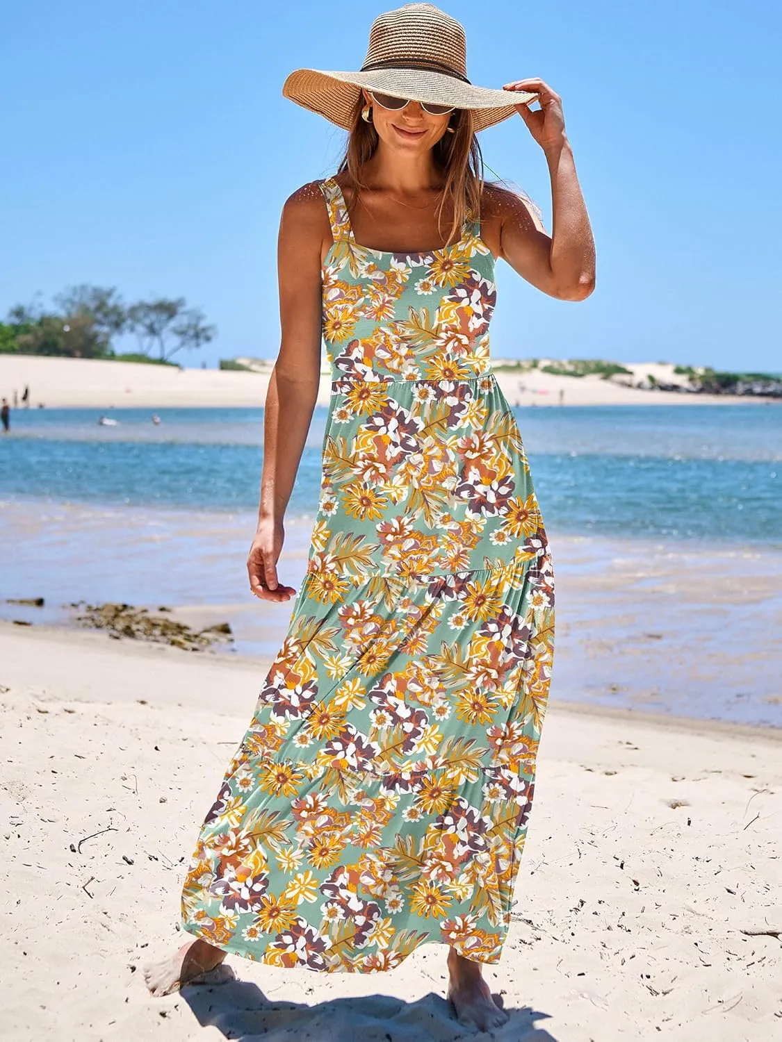 ANRABESS Women's Summer Casual Long Maxi Beach Vacation Dresses Sleeveless Square Neck Flowy Tiered Sun Dress with Pockets
