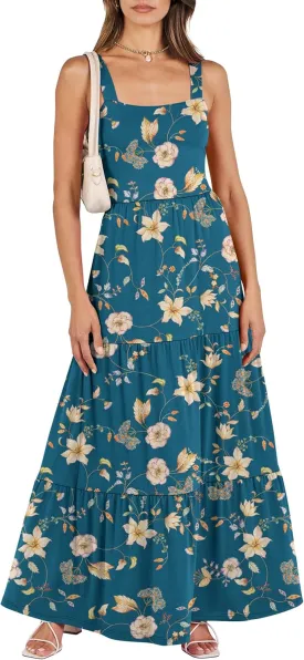 ANRABESS Women's Summer Casual Long Maxi Beach Vacation Dresses Sleeveless Square Neck Flowy Tiered Sun Dress with Pockets