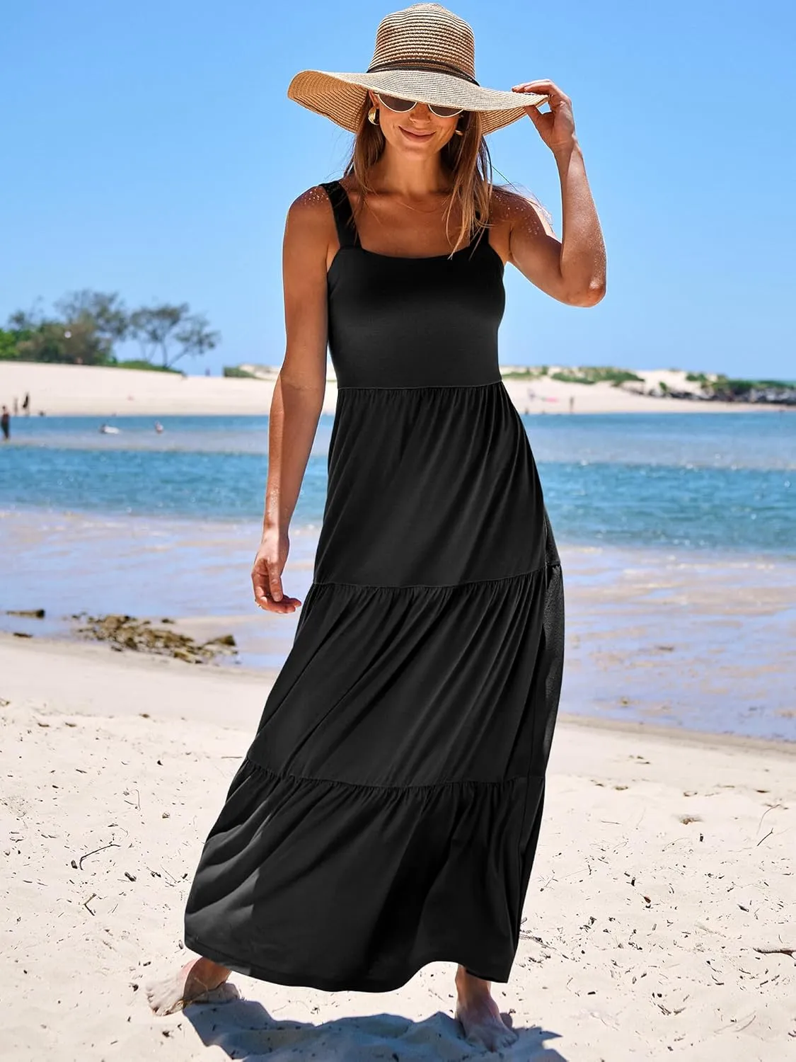 ANRABESS Women's Summer Casual Long Maxi Beach Vacation Dresses Sleeveless Square Neck Flowy Tiered Sun Dress with Pockets