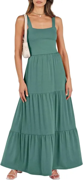 ANRABESS Women's Summer Casual Long Maxi Beach Vacation Dresses Sleeveless Square Neck Flowy Tiered Sun Dress with Pockets