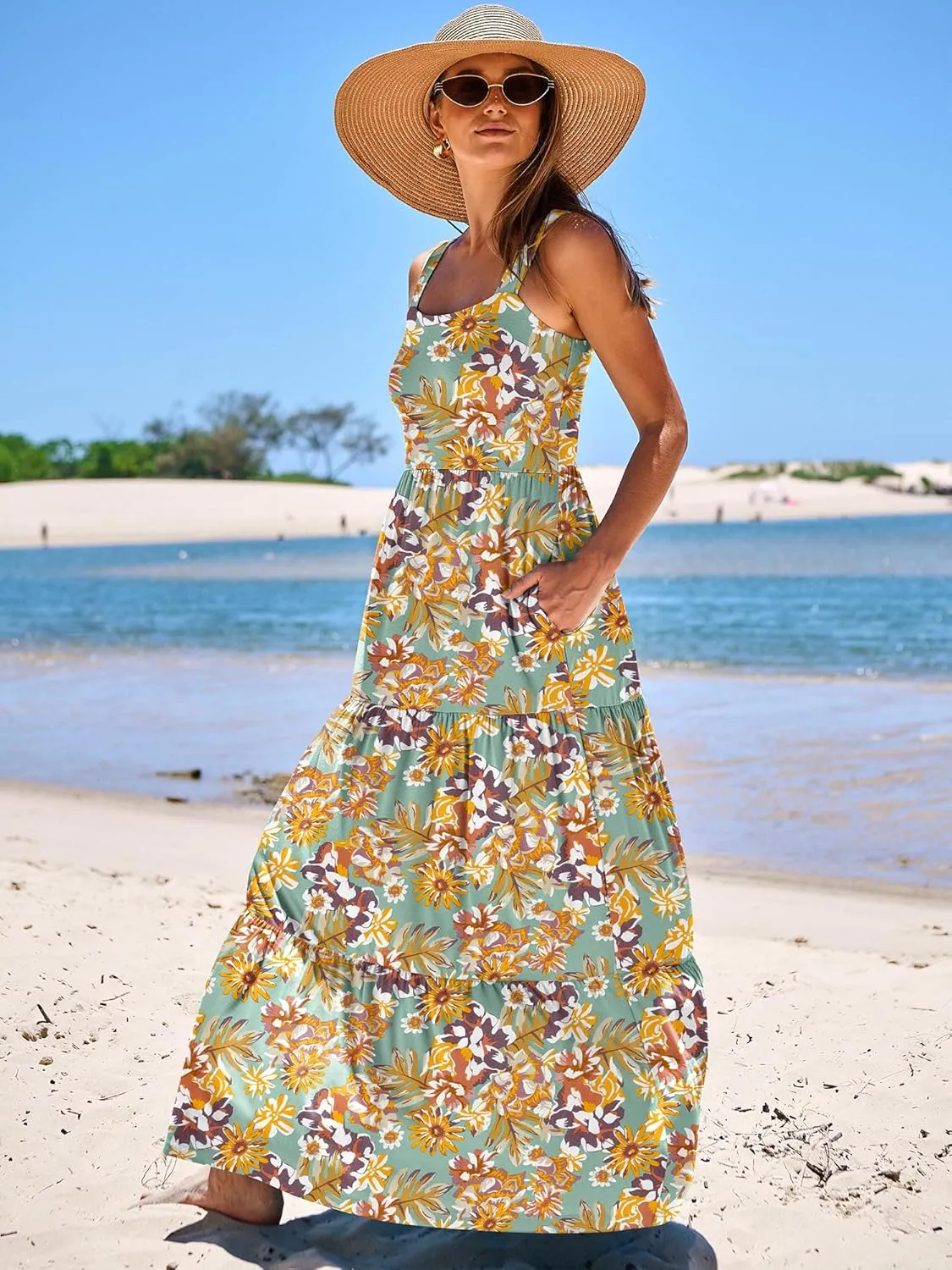 ANRABESS Women's Summer Casual Long Maxi Beach Vacation Dresses Sleeveless Square Neck Flowy Tiered Sun Dress with Pockets