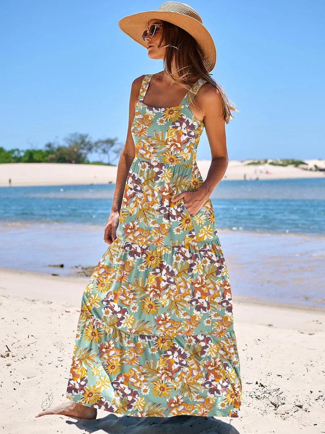 ANRABESS Women's Summer Casual Long Maxi Beach Vacation Dresses Sleeveless Square Neck Flowy Tiered Sun Dress with Pockets