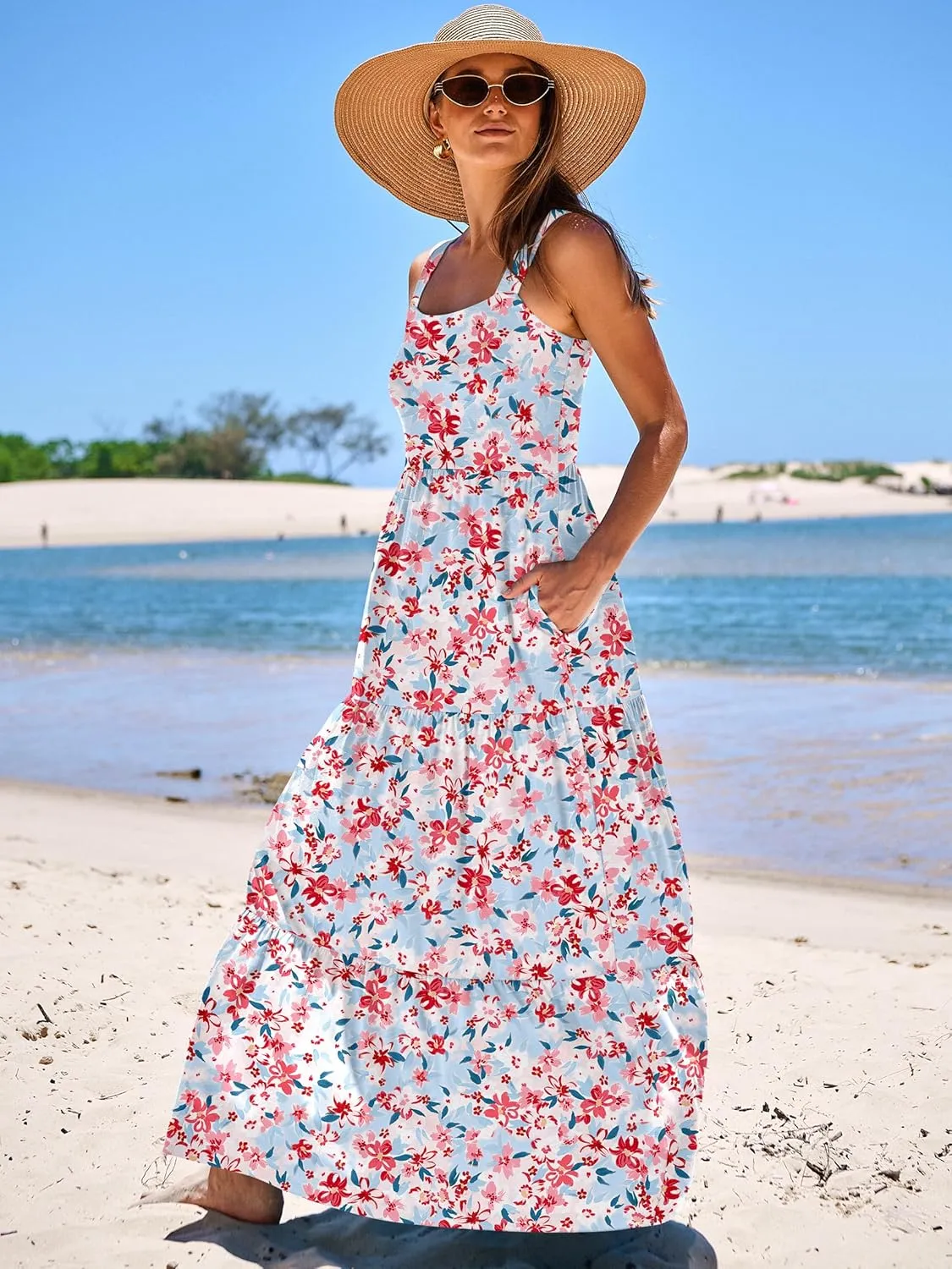ANRABESS Women's Summer Casual Long Maxi Beach Vacation Dresses Sleeveless Square Neck Flowy Tiered Sun Dress with Pockets