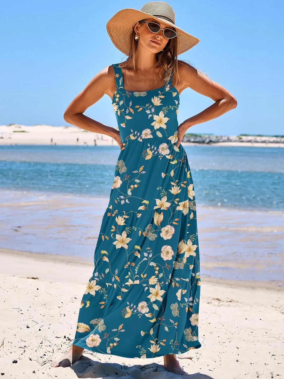 ANRABESS Women's Summer Casual Long Maxi Beach Vacation Dresses Sleeveless Square Neck Flowy Tiered Sun Dress with Pockets