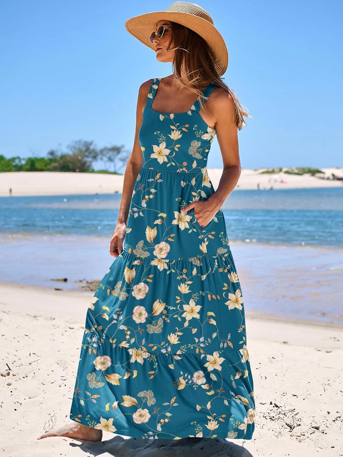 ANRABESS Women's Summer Casual Long Maxi Beach Vacation Dresses Sleeveless Square Neck Flowy Tiered Sun Dress with Pockets