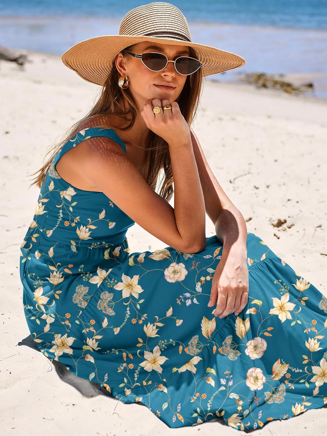 ANRABESS Women's Summer Casual Long Maxi Beach Vacation Dresses Sleeveless Square Neck Flowy Tiered Sun Dress with Pockets