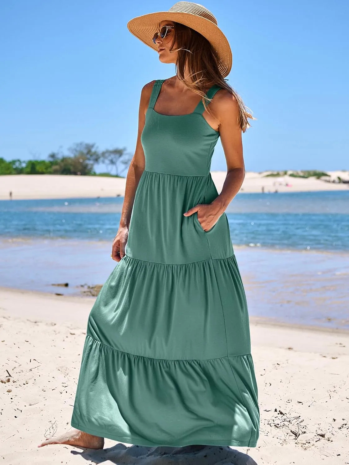 ANRABESS Women's Summer Casual Long Maxi Beach Vacation Dresses Sleeveless Square Neck Flowy Tiered Sun Dress with Pockets