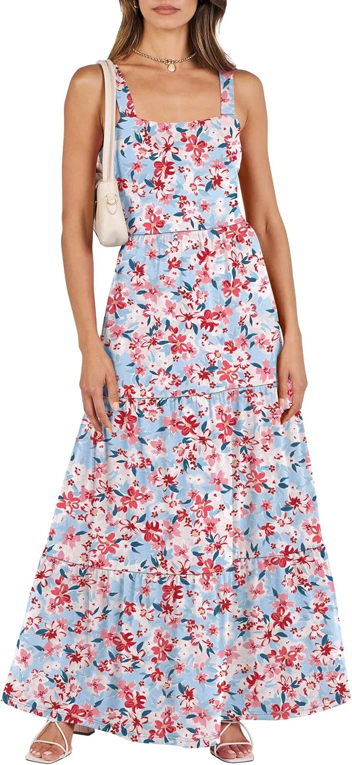 ANRABESS Women's Summer Casual Long Maxi Beach Vacation Dresses Sleeveless Square Neck Flowy Tiered Sun Dress with Pockets