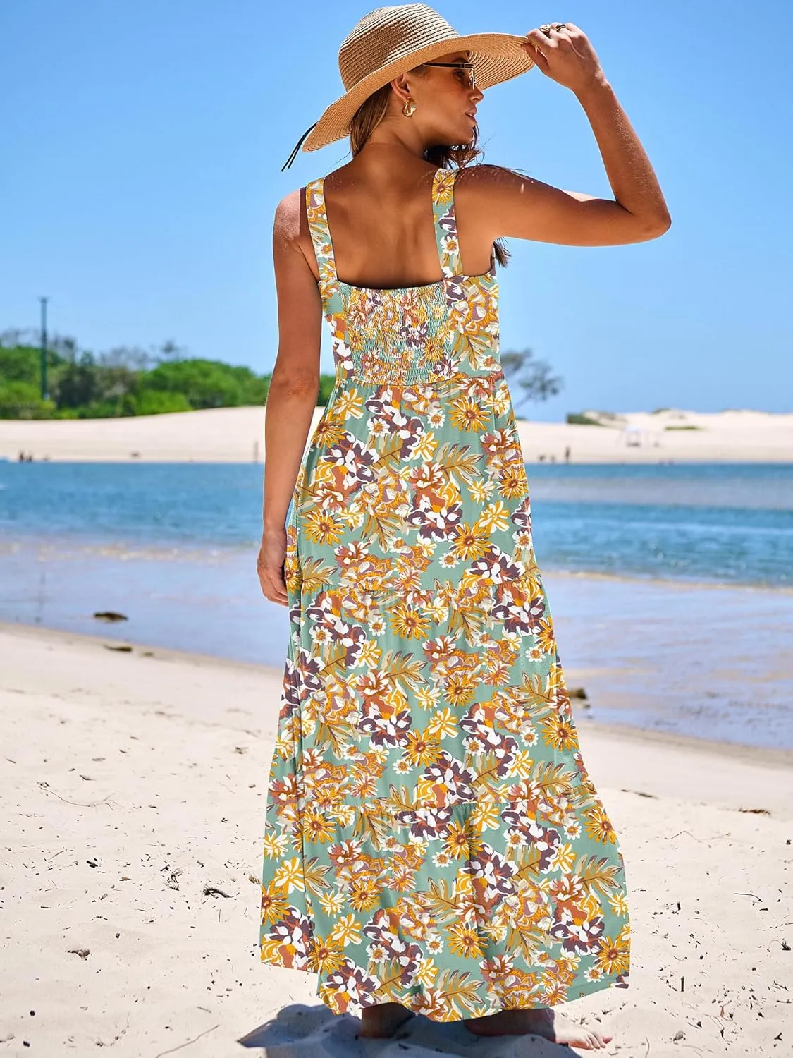 ANRABESS Women's Summer Casual Long Maxi Beach Vacation Dresses Sleeveless Square Neck Flowy Tiered Sun Dress with Pockets