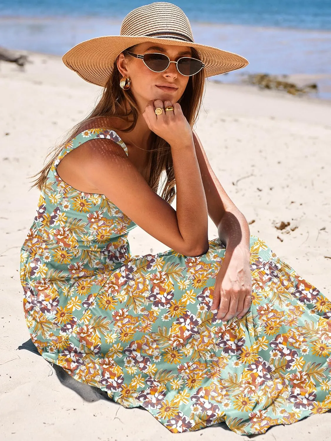 ANRABESS Women's Summer Casual Long Maxi Beach Vacation Dresses Sleeveless Square Neck Flowy Tiered Sun Dress with Pockets