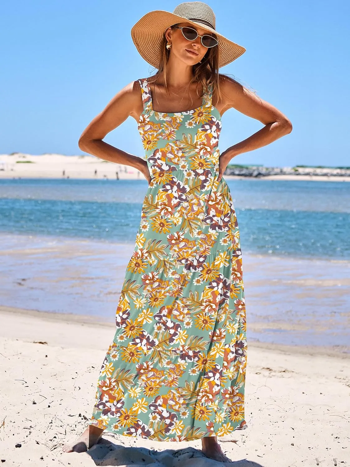 ANRABESS Women's Summer Casual Long Maxi Beach Vacation Dresses Sleeveless Square Neck Flowy Tiered Sun Dress with Pockets