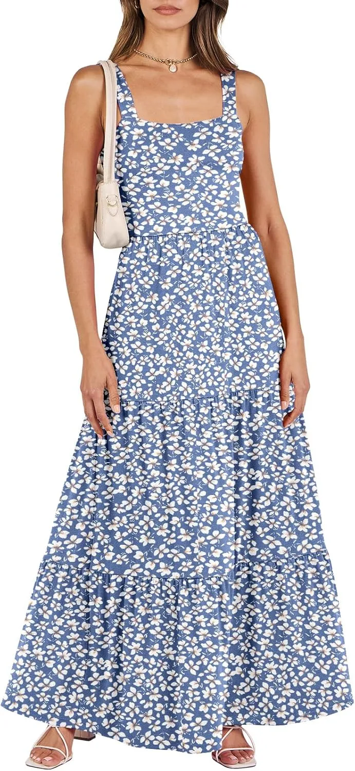 ANRABESS Women's Summer Casual Long Maxi Beach Vacation Dresses Sleeveless Square Neck Flowy Tiered Sun Dress with Pockets