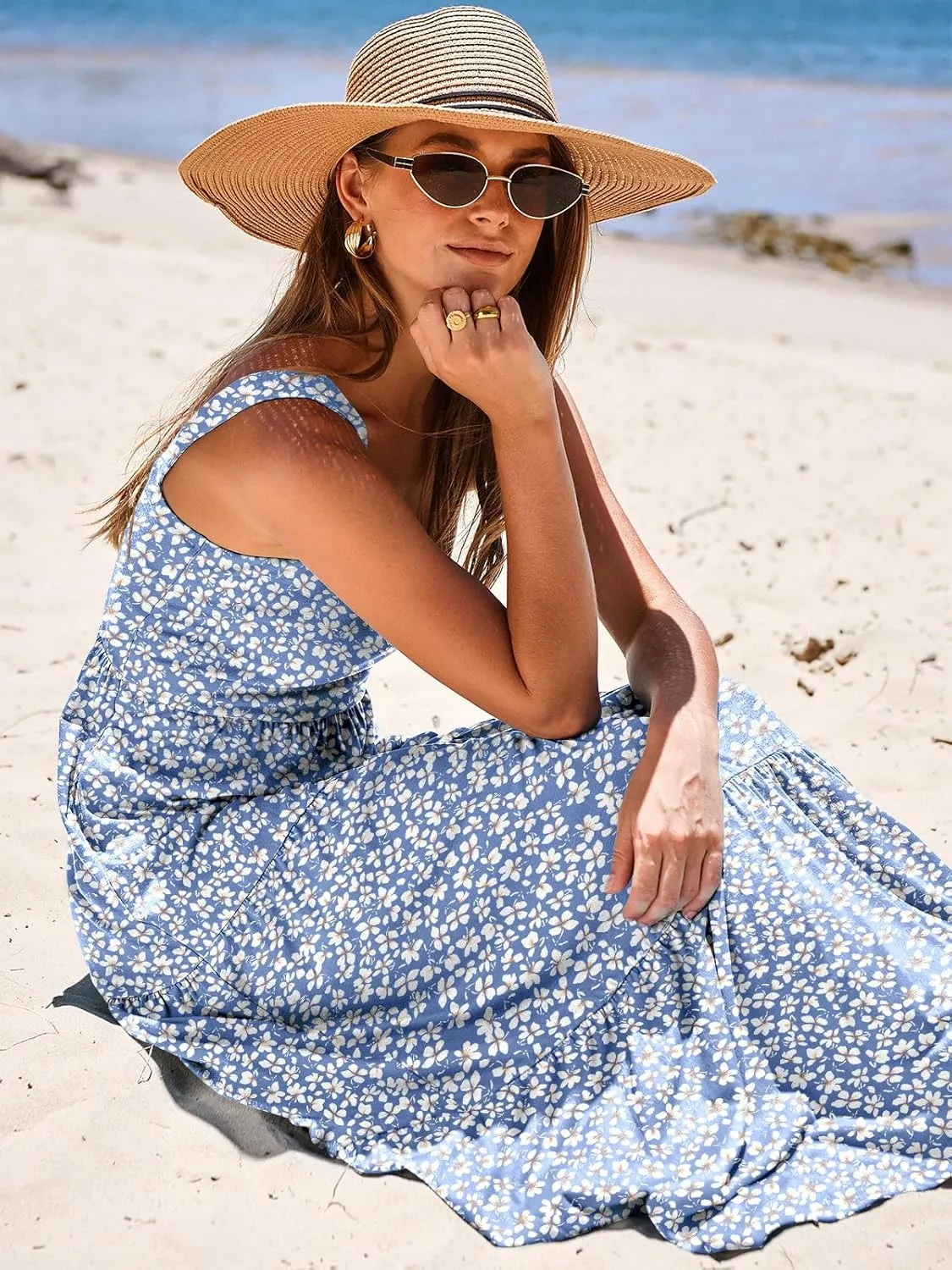 ANRABESS Women's Summer Casual Long Maxi Beach Vacation Dresses Sleeveless Square Neck Flowy Tiered Sun Dress with Pockets