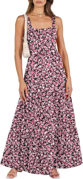 ANRABESS Women's Summer Casual Long Maxi Beach Vacation Dresses Sleeveless Square Neck Flowy Tiered Sun Dress with Pockets
