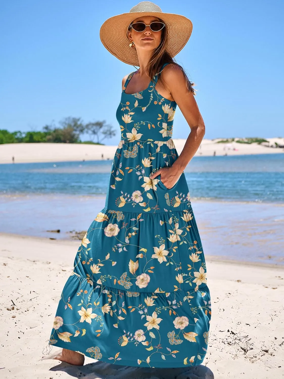 ANRABESS Women's Summer Casual Long Maxi Beach Vacation Dresses Sleeveless Square Neck Flowy Tiered Sun Dress with Pockets