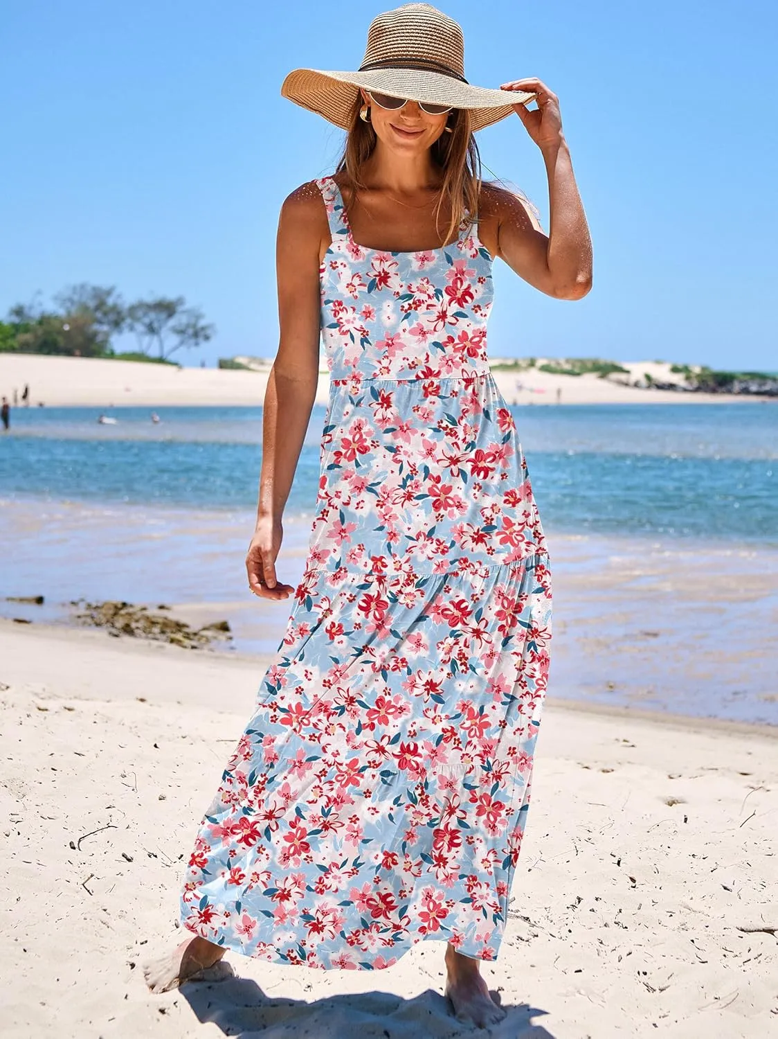ANRABESS Women's Summer Casual Long Maxi Beach Vacation Dresses Sleeveless Square Neck Flowy Tiered Sun Dress with Pockets